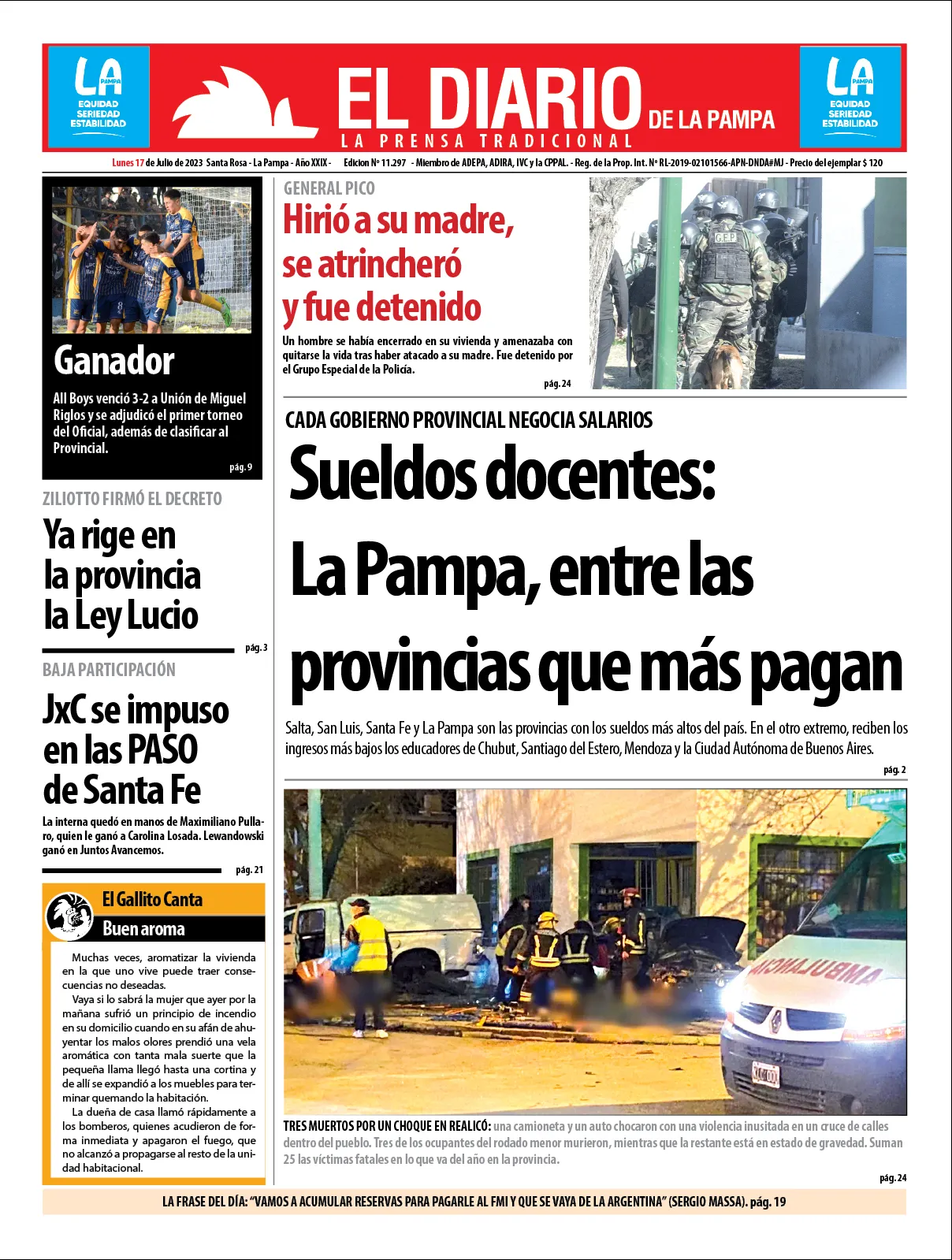 Tapa De El Diario En Papel Lunes 17 De Julio De 2023 El Diario De La