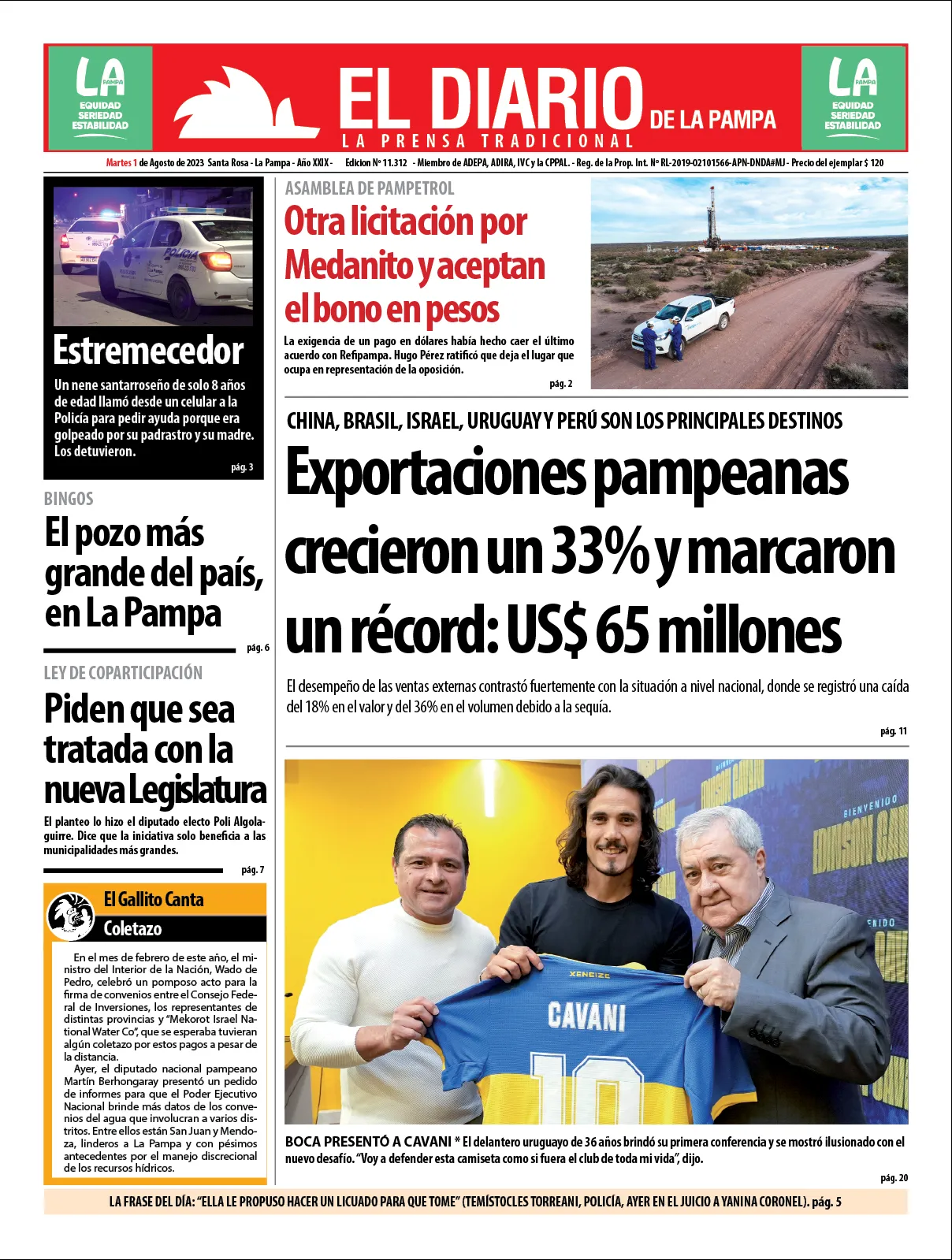 Tapa De El Diario En Papel Martes 01 De Agosto De 2023 El Diario De