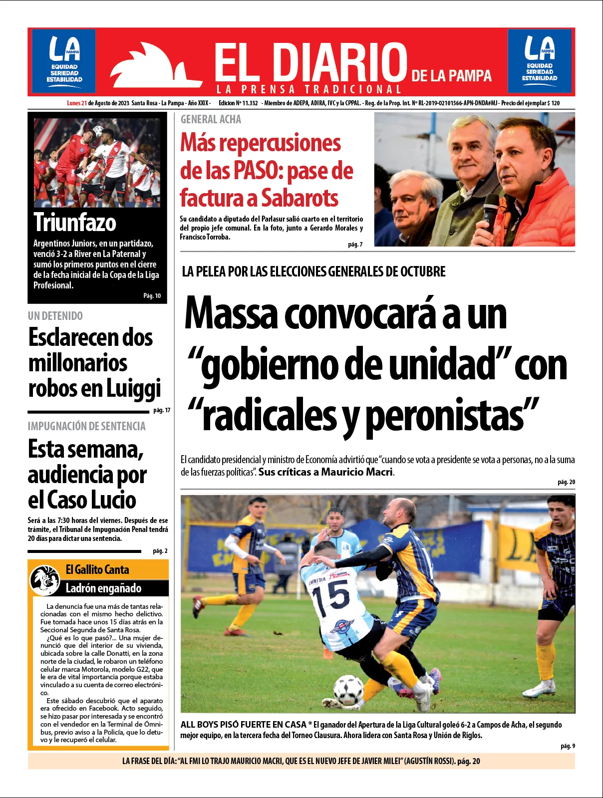 Tapa De El Diario En Papel Lunes De Agosto De El Diario De