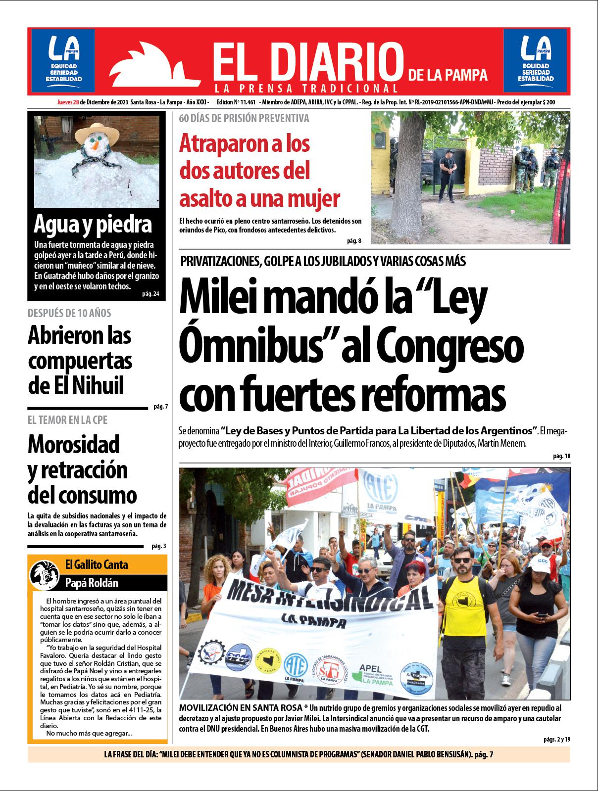 Tapa De El Diario En Papel Jueves De Diciembre De El Diario