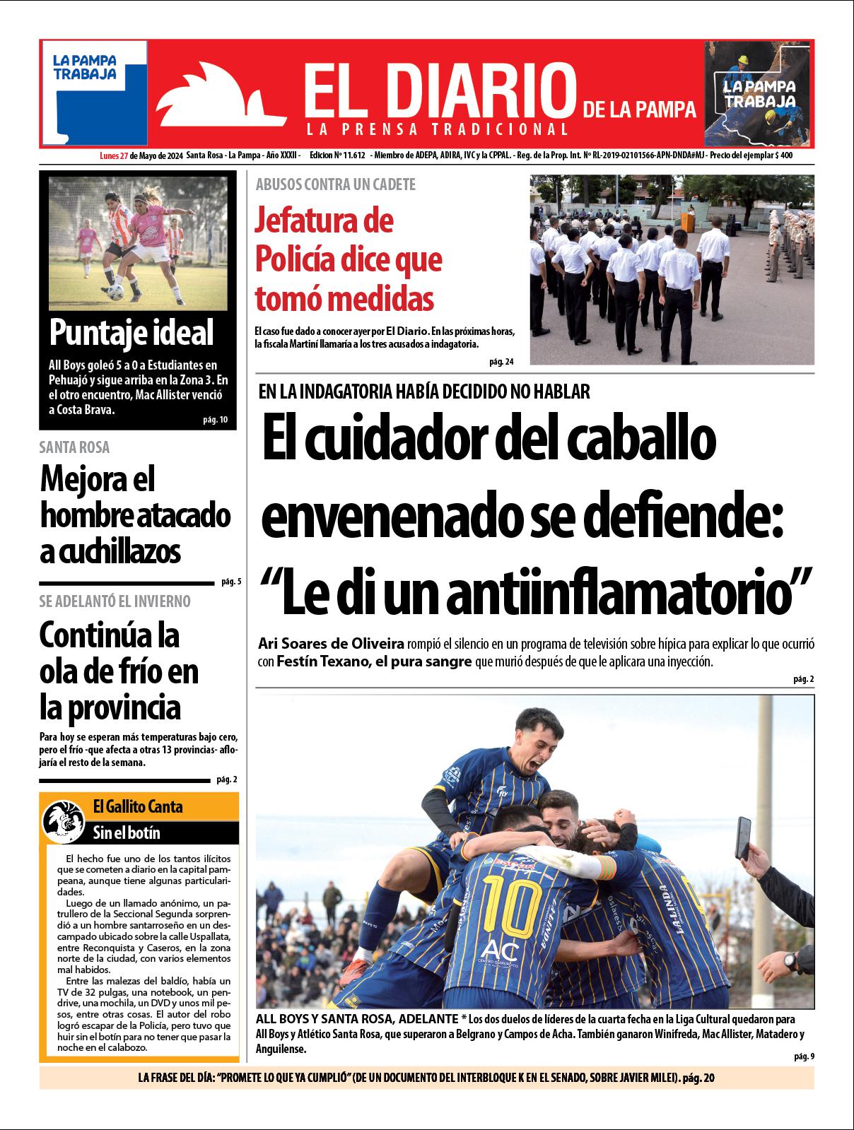 Tapa De El Diario En Papel Lunes 27 De Mayo De 2024 El Diario De La