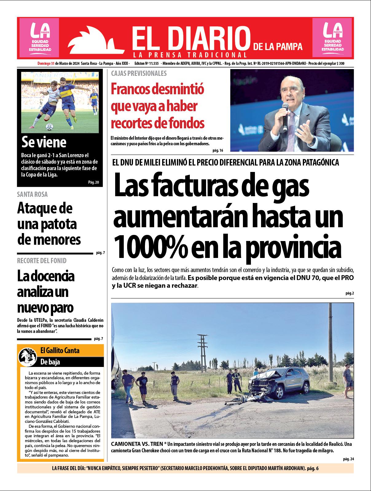 Tapa de El Diario en papel domingo 31 de marzo de 2024 :: El Diario de La  Pampa