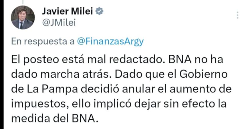 Milei dice que dejar las sucursales del BN no es una marcha atraacutes