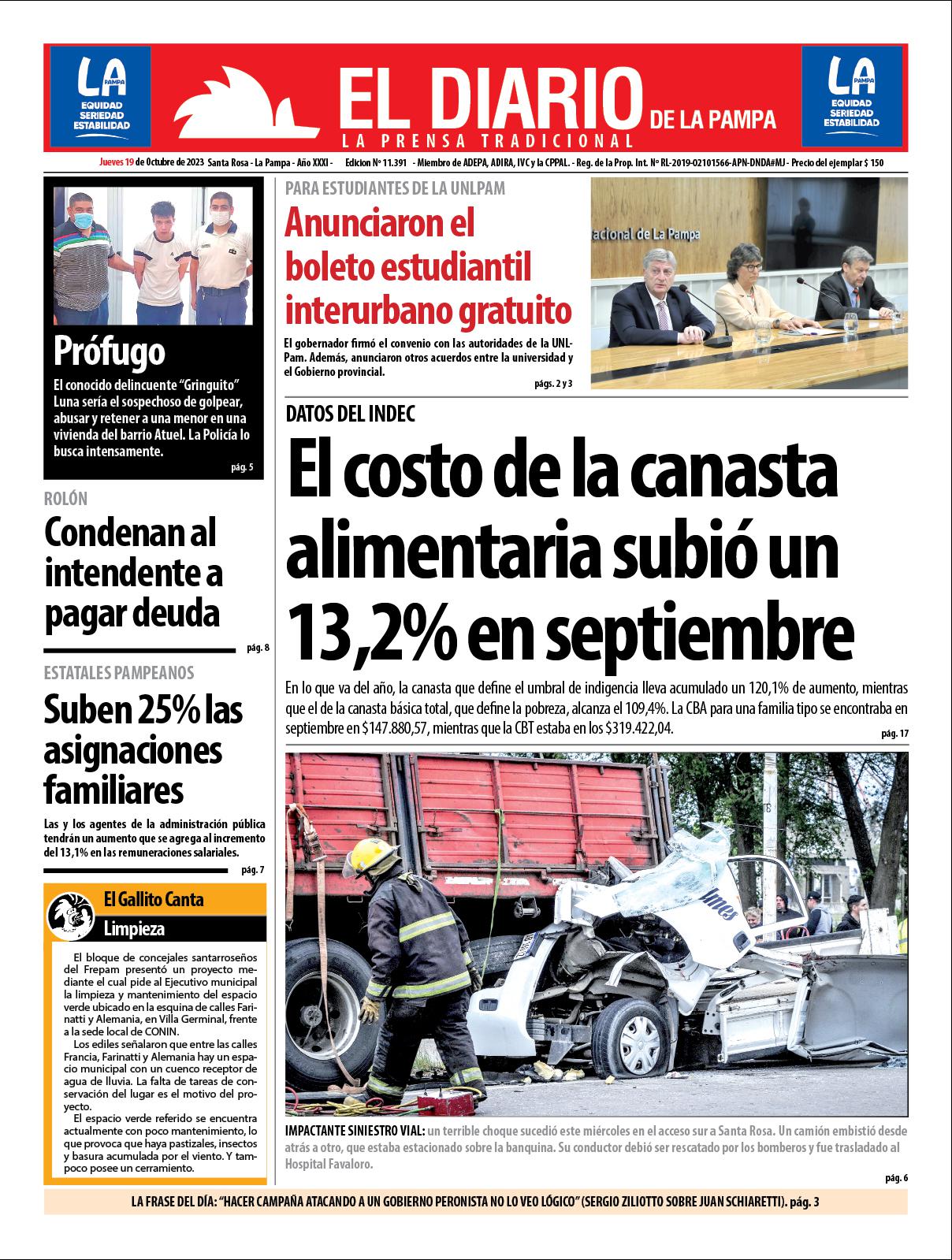 Tapa De El Diario En Papel Jueves 19 De Octubre De 2023 El Diario De La Pampa 0918