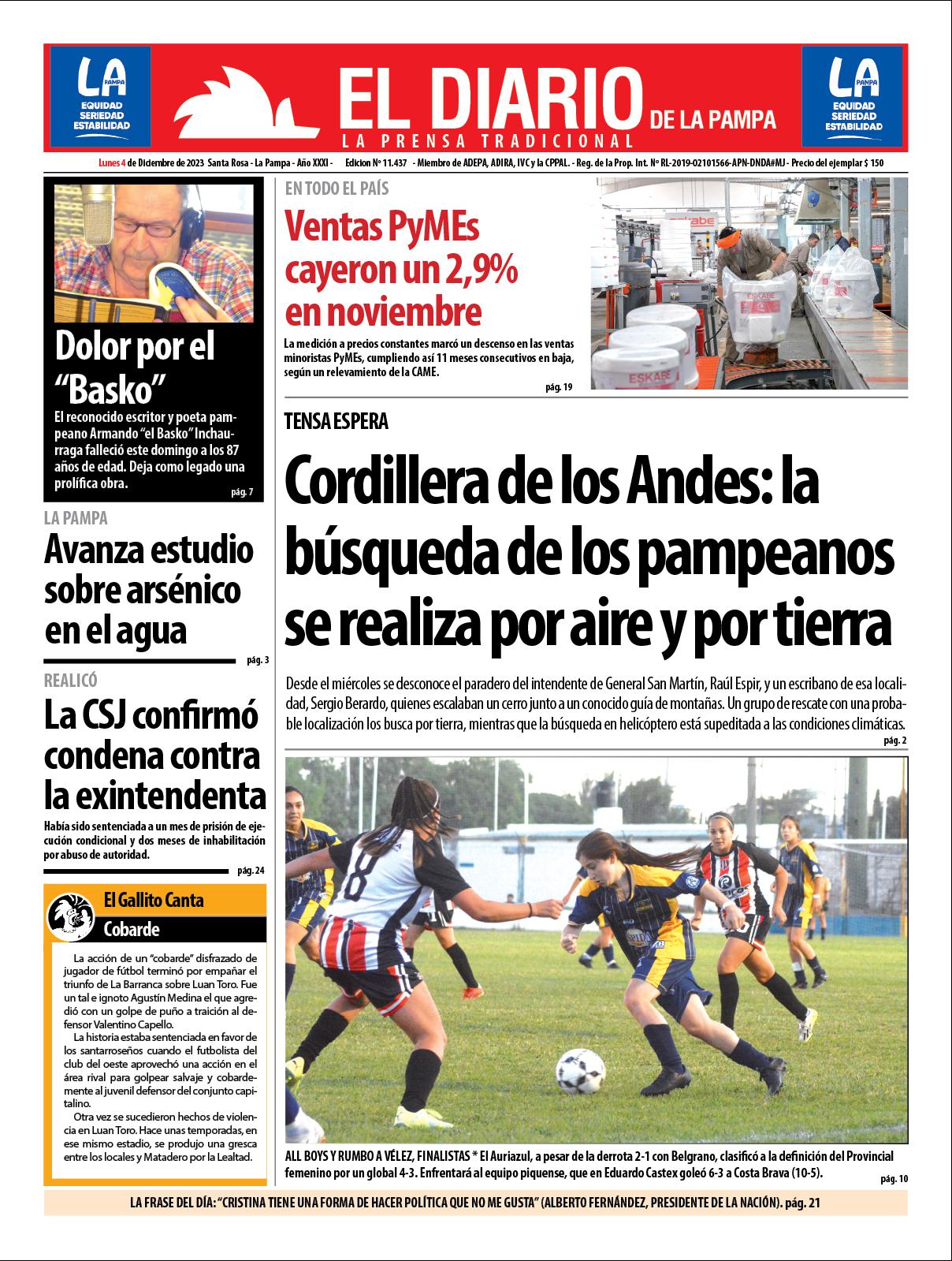 Tapa De El Diario En Papel Lunes 04 De Diciembre De 2023 El Diario