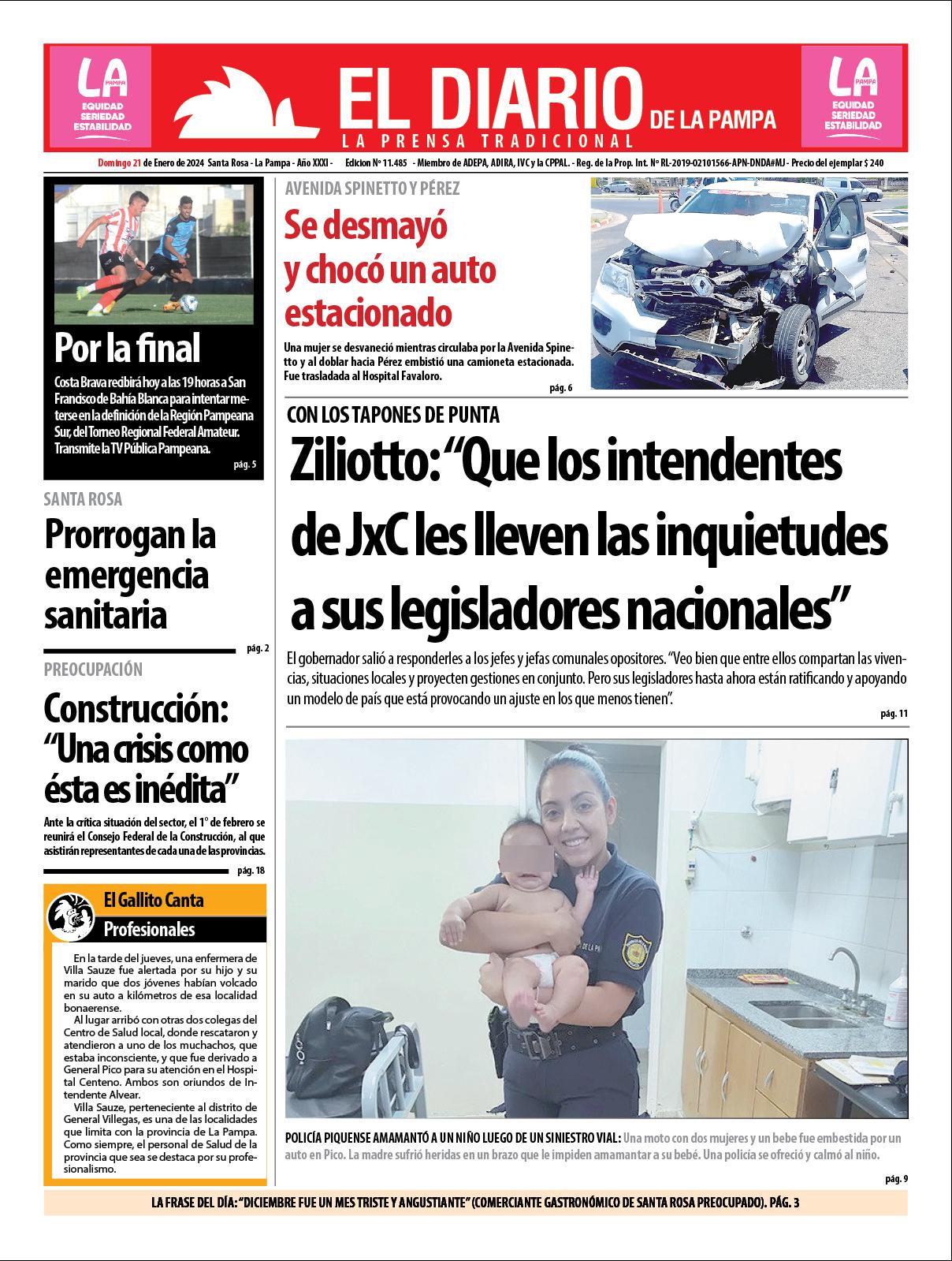 Tapa de El Diario en papel domingo 21 de enero de 2024 El Diario de