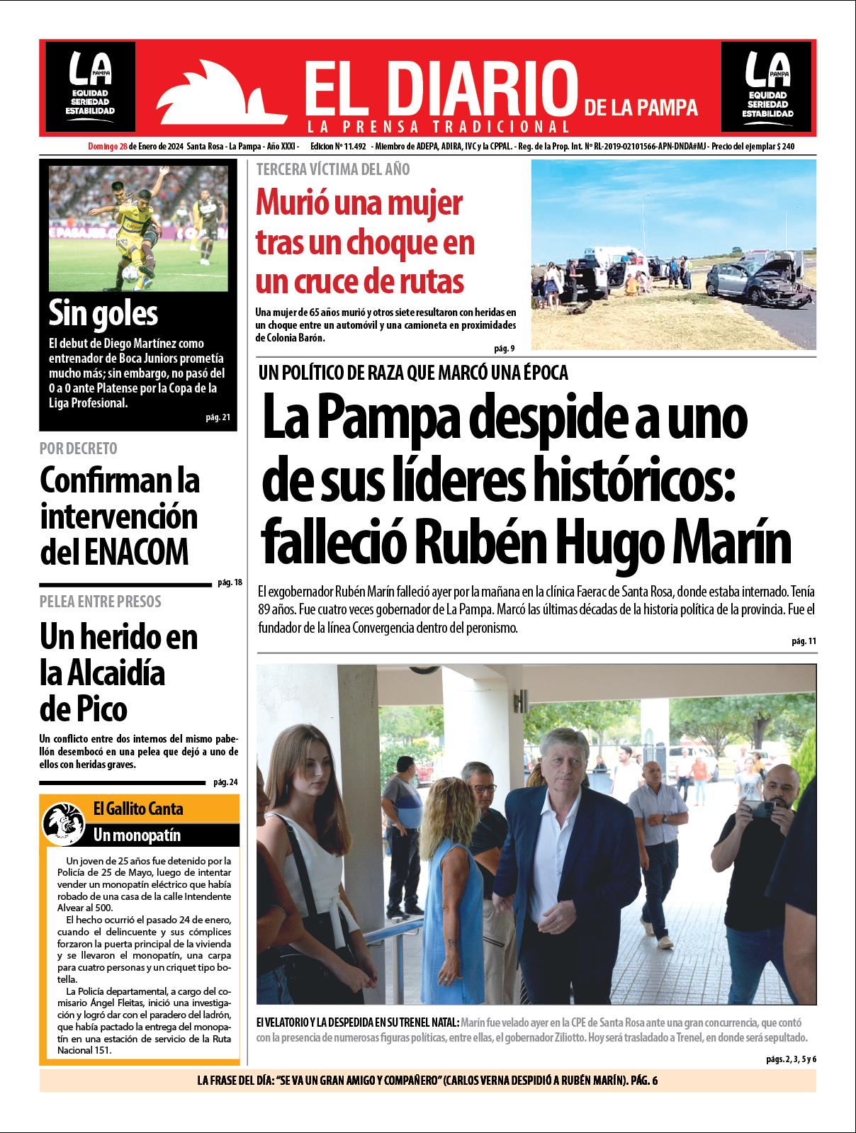 Tapa de El Diario en papel domingo 28 de enero de 2024 El Diario de