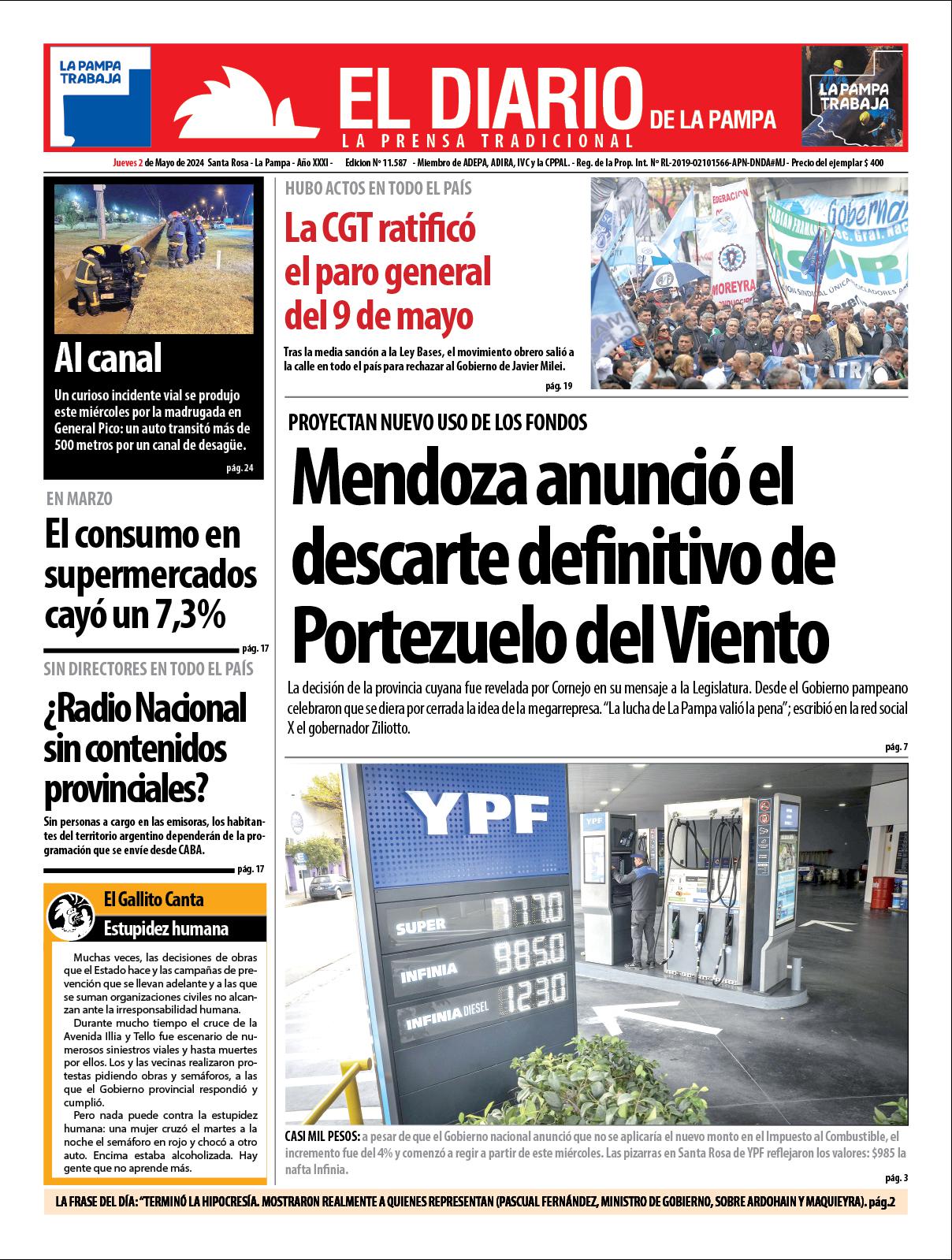 Tapa De El Diario En Papel Jueves 02 De Mayo De 2024 :: El Diario De La ...