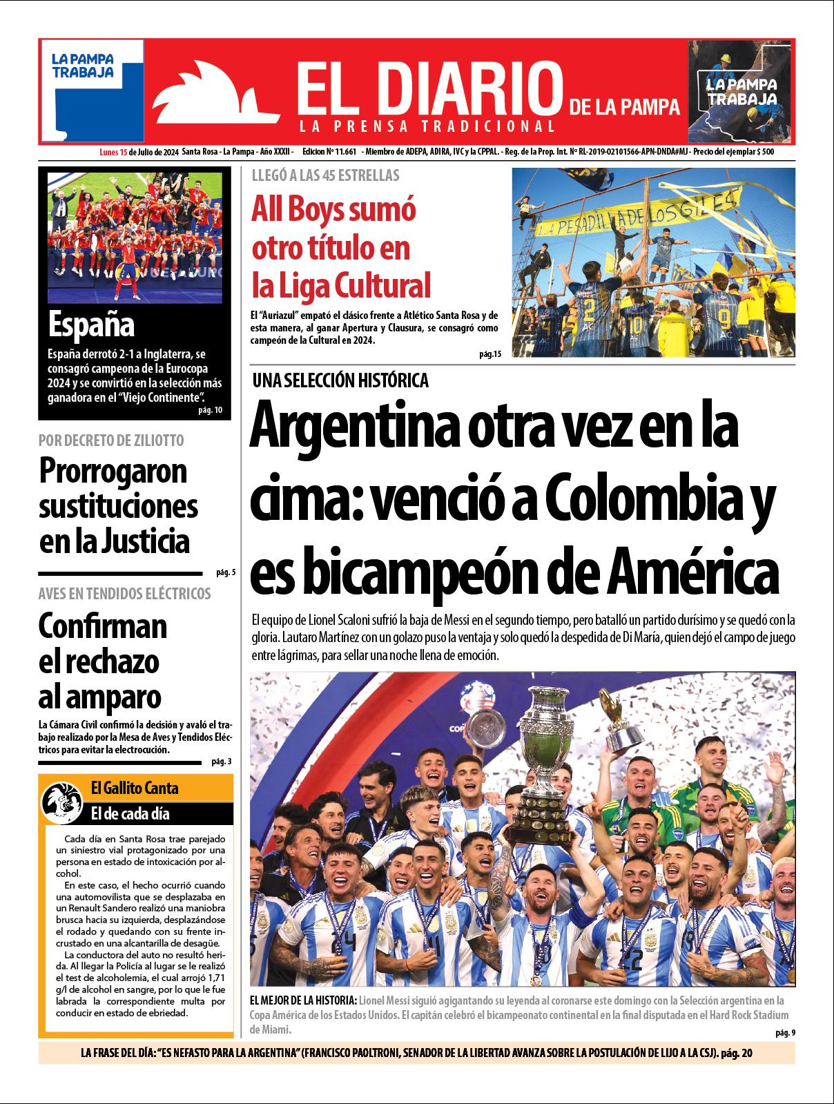 Tapa de El Diario en papel lunes 15 de julio de 2024 :: El Diario de La ...