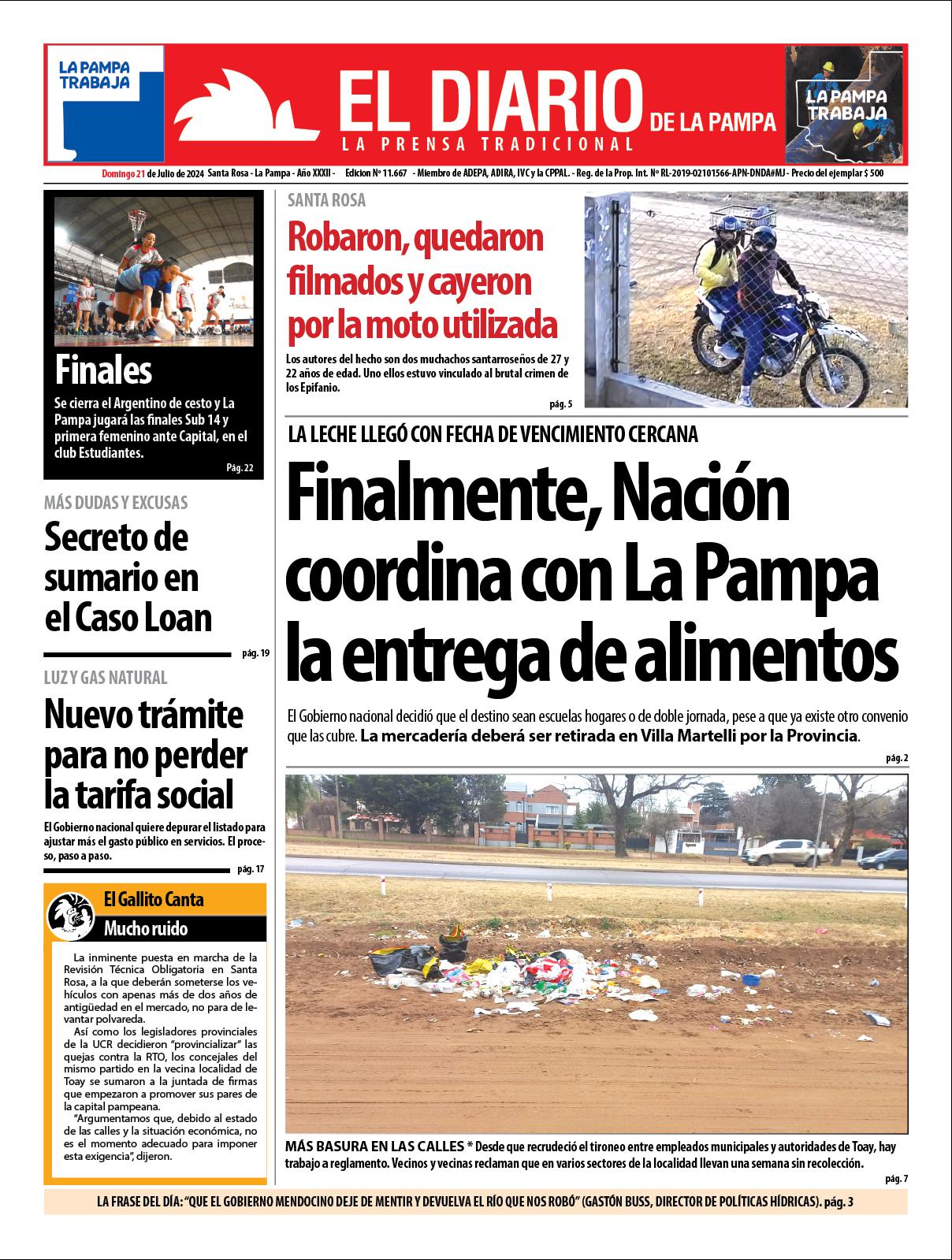 Tapa de El Diario en papel domingo 21 de julio de 2024 :: El Diario de ...